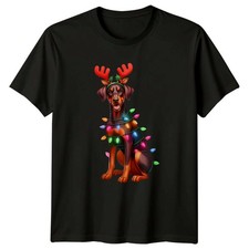Doberman Christmas Dog Antlers Lights Holidays Mens T-Shirt Womens Graphic Tee