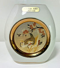 The Art Of Chokin Miniature Porcelain Vase 24K Gold Trim Pair Of Birds