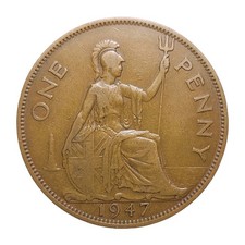 1947 Great Britain One Penny Coin – King George VI – Bronze – UK Old Coin Z3431