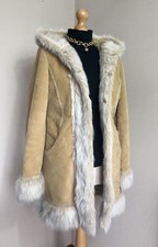 Y2K 70's inspired Faux Suede Suedette Faux Fur Hooded Afghan Coat size M 10-12