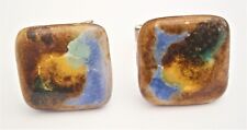 L682) Vintage copper Kiln fired enamel multi coloured square cufflinks