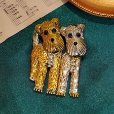 Beautiful Vintage Art Style Enamel Crystal Two Dogs Brooch Badge Pin Gift