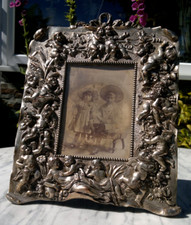 Antique Victorian Silver Plated Ornate Cast Metal Cherub Easel Back Photo Frame