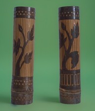 Vintage Oriental Brush Pots Bamboo Hand Carved A Beautiful Bohemian Pair