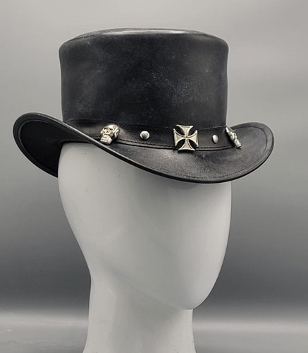 Handmade black leather top hat - top,