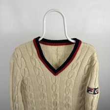 Men’s VTG Fila Borg BJ 80's BJ Cable Knit VNeck Wool GB 38 / XS / S Cream Jumper