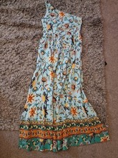 Aqua Pattern One Sleeved Jumpsuit. Shein Size L Shaped Legs  Create Skirt Effect