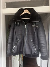 Lovely River Island Black Faux Fur Aviator Jacket Size 10