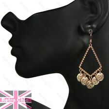 2.5"long CHANDELIER gypsy disc EARRINGS GOLD FASHION boho roman coin studded