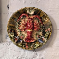 Antique-Style Majolica Lobster Wall Plate, Hand Painted Relief Seafood Charger 