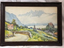 Vintage Print by Mars - Swiss Lakeside Village by Mountains - Framed & Glazed