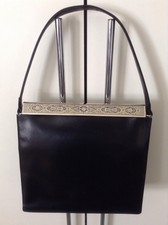 Vtg Jane Shilton Black Leather Crook Handbag Chic Niello Bar Clasp Top + Purse