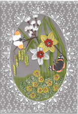 Original beautiful pergamano card  a garden in springtime Daffodils butterflies