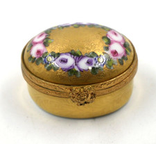 RARE LIMOGES PORCELAIN PEINT MAIN FRANCE GOLD FLOWER ROSE DESIGN TRINKET POT BOX
