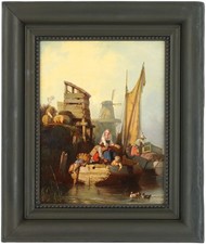 A River Landscape Antique Oil Painting after Eugène Lepoittevin (1806-1870)