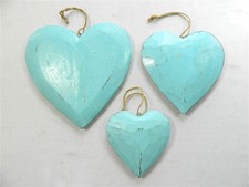 Wooden Hanging Heart Wall Art - Set of 3 Shabby Chic Hearts - Duck Egg Blue
