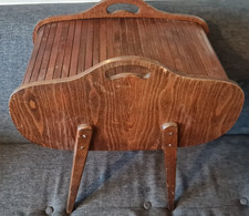 Vintage Tambour Sewing Box On Legs 1950s 60s Mid Century Roll Top Wood Retro