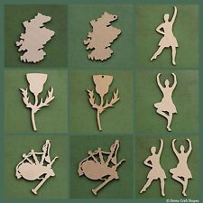 Wooden Scottish shape, thistle blank, Scotland map tag, bagpipe, Highland dancer