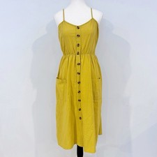 Luella Mustard Yellow Cotton Button Front Midi Dress Pockets Size M