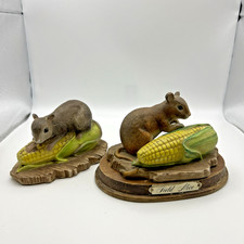 Vintage Field Mice Porcelain Figurine x 2 on Wooden Plinth Collectible Ornament