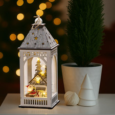 Christmas LED Santa Lantern Light Up Xmas Home Decoration Wooden Ornament White
