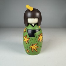 Kokeshi Wooden Doll Japan. Kimono ‘Leaves’. 12.5cm (5.25 Inches). Green