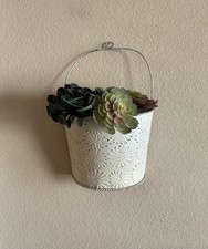 Shabby White Farmhouse Embossed Metal Hanging Wall Pocket Basket w Handle