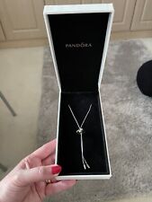 Genuine PANDORA Silver End Blue Leather Lariat Necklace with Green Glass Charm