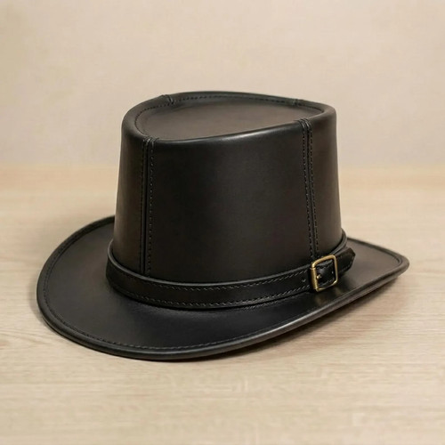 Handmade black leather top hat - black,