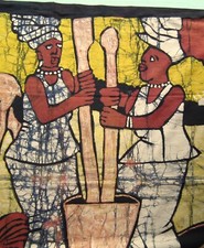 Large batik style fabric wall panel hanging African women village textile vtg ?