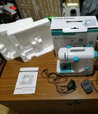New with box, accessories, white and blue sewing machine, beginner kit gift