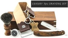Old Style Barber Salon Straight Cut Throat Razor Shaving Brush & Strop Shave Set