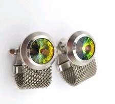 Mesh Cufflinks Watermelon  Rivoli Crystal Vintage Circa 1960s Silver Tone