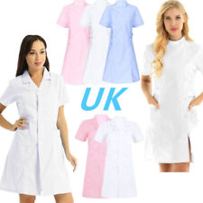 UK Women Nurse Cosplay Costume Short Sleeve Button Solid Scrub Lab Coat Uniforms