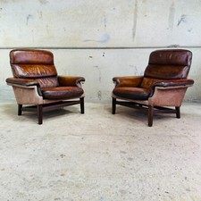 Pair of Danish 1970s Tan Leather Armchairs – Suede Back & Sides #A622