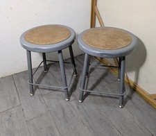 Vintage Pair of Industrial Style Round Metal School Kids Shop Stools