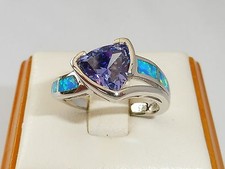 Ladies Fine 925 Solid Silver Trillion Cut Tanzanite Solitaire and Opal Ring