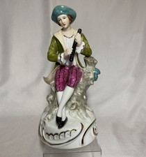 Vintage German Porcelain Figurine Musician Flute Player Crown Over S Mark