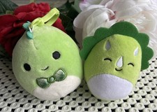 Squishmallows - 2 Cheeky Green Dinosaur Plush Soft Toys 1 X Bag Charm Toy 1
