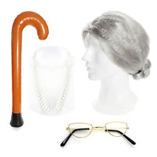 OLD OAP GRANNY COSTUME SET LADY WIG BUN GRANNY GRANDMA ADULT FANCY DRESS