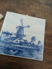 Vintage Delft Wall Tile X2 Blue White 4x4inch Windmill Holland
