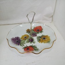 Vintage Single Tier Fluted Glass Cake Stand With Flowers And Gold Edging