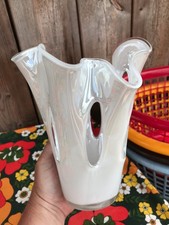 VINTAGE PEARLISED WHITE ART GLASS SCULPTURED HANDKERCHIEF RETRO VASE