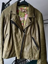 Joe Browns Women's Leather Biker Jacket Khaki size 18 Floral Lining