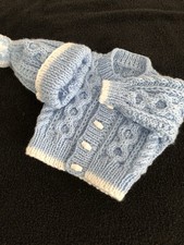 HAND KNITTED BABY BOYS ARAN CARDIGAN  and Hat 0/3 Months
