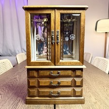 Vtg London Leather Large Wooden Jewelry Music Box Etched Glass Doors 3 Drawers