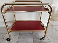 VINTAGE LUMIUM  RED & GOLD 2 TIER FOLDING TEA TROLLEY BAR CART - REMOVABLE TRAYS