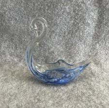 Vintage Hand Blown Blue Clear Glass Swan Bird Trinket Dish Ornament