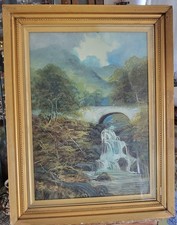 Victorian Era Oil Painting Highland Waterfall Size 53x68cm Gold Frame