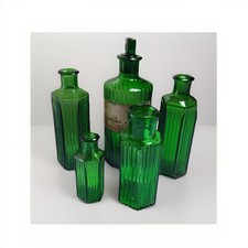 5 Small Green Poison Bottles Ribbed. Assorted Sizes